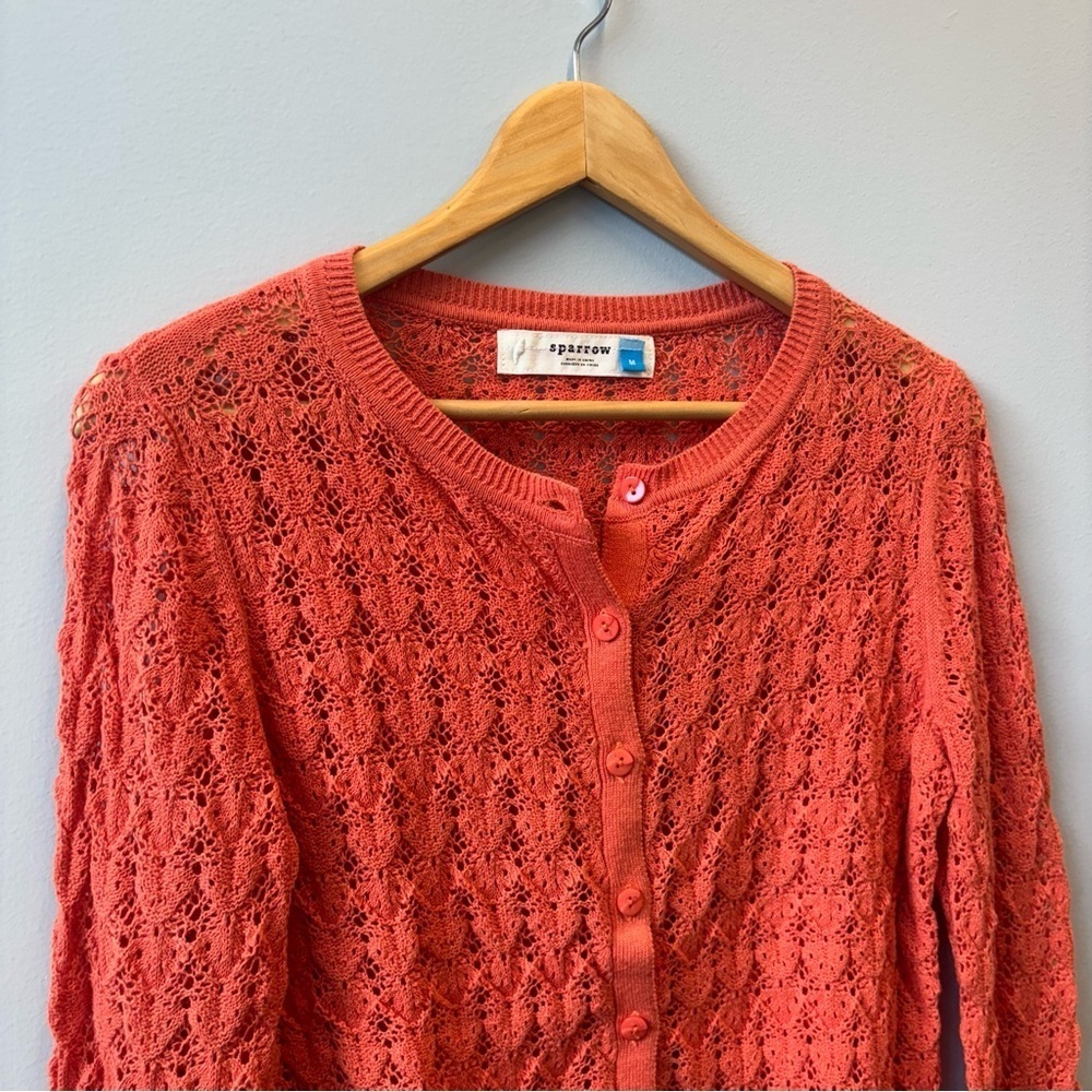 Sparrow Medium Coral Orange Cardigan Open knit crochet button front - Picture 5 of 12
